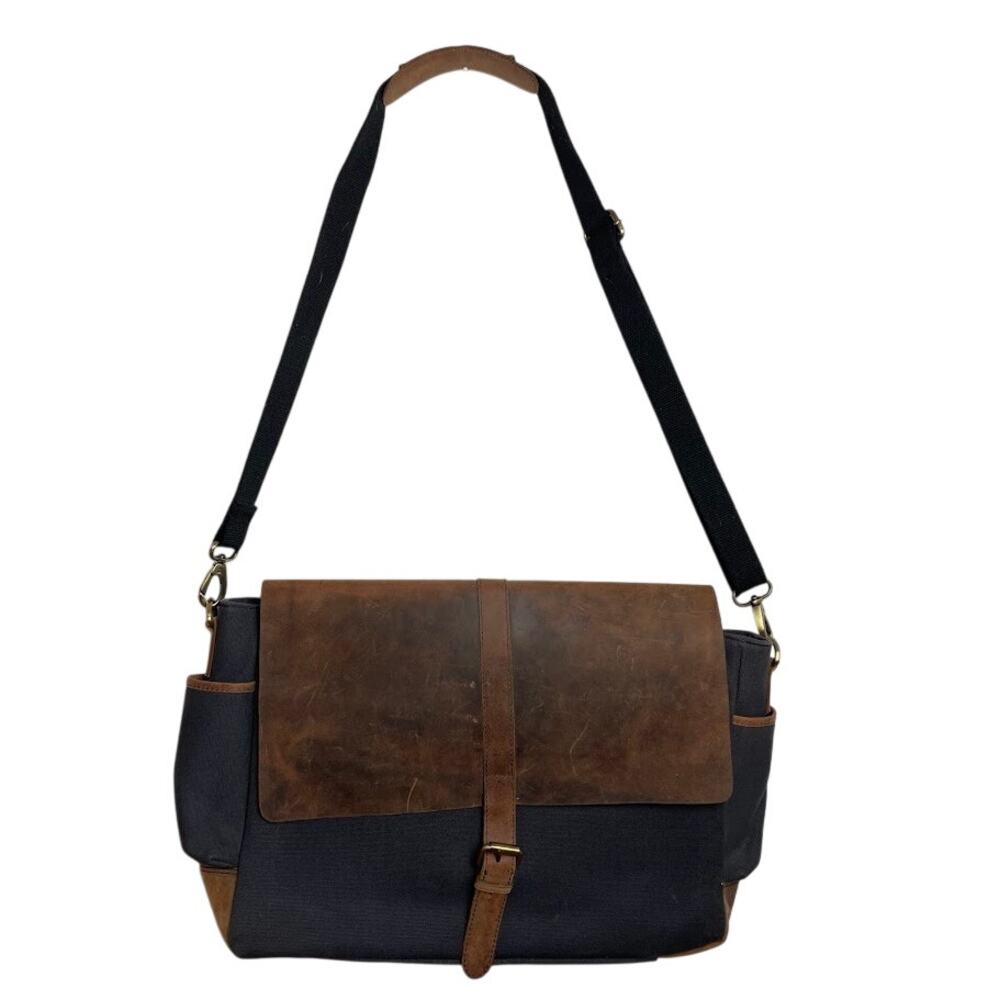 Men's Rugged Cowhide Leather Messenger Bag Laptop Carrier Charcoal Canvas Bag